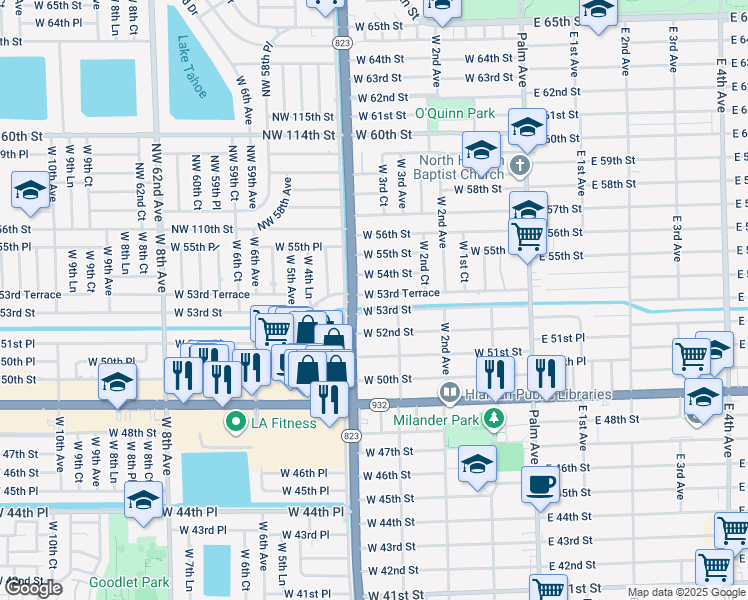 map of restaurants, bars, coffee shops, grocery stores, and more near 390 West 53rd Terrace in Hialeah