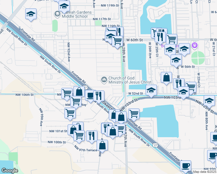 map of restaurants, bars, coffee shops, grocery stores, and more near 8724 Northwest 107th Street in Hialeah Gardens