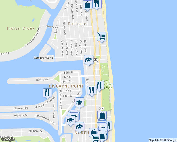 map of restaurants, bars, coffee shops, grocery stores, and more near 8530 Byron Avenue in Miami Beach