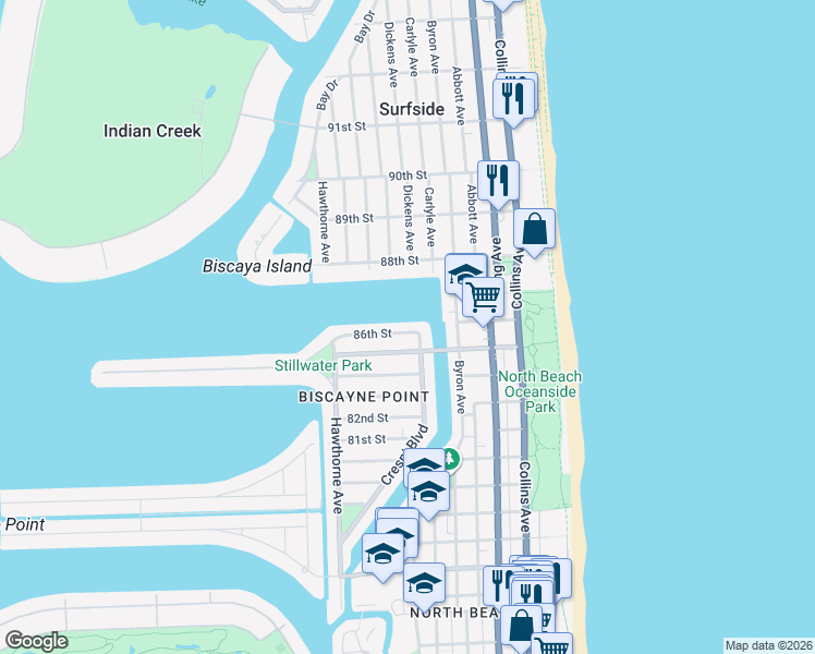 map of restaurants, bars, coffee shops, grocery stores, and more near 620 86th Street in Miami Beach