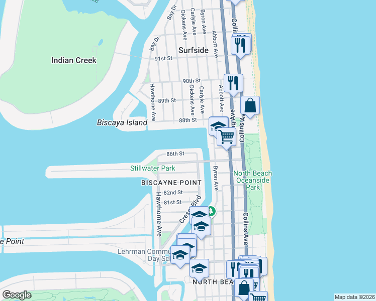 map of restaurants, bars, coffee shops, grocery stores, and more near 620 86th Street in Miami Beach