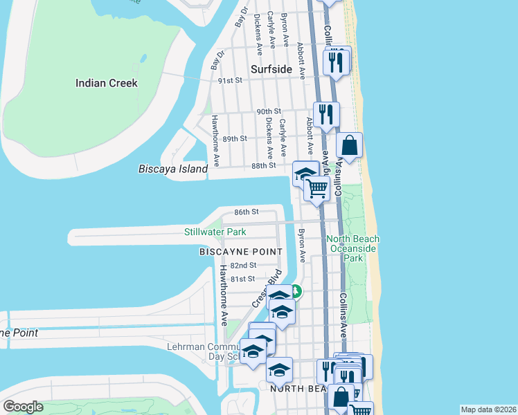map of restaurants, bars, coffee shops, grocery stores, and more near 731 86th Street in Miami Beach