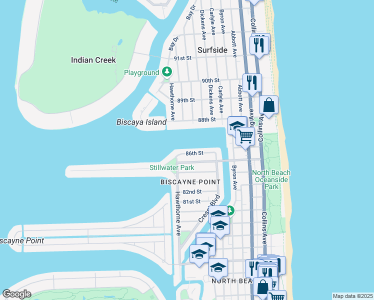map of restaurants, bars, coffee shops, grocery stores, and more near 853 86th Street in Miami Beach