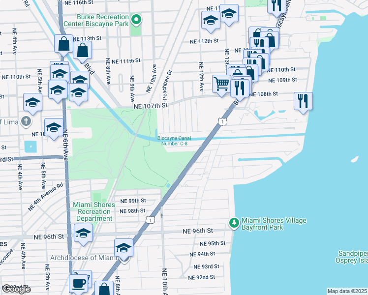 map of restaurants, bars, coffee shops, grocery stores, and more near 1090 Northeast 104th Street in Miami Shores