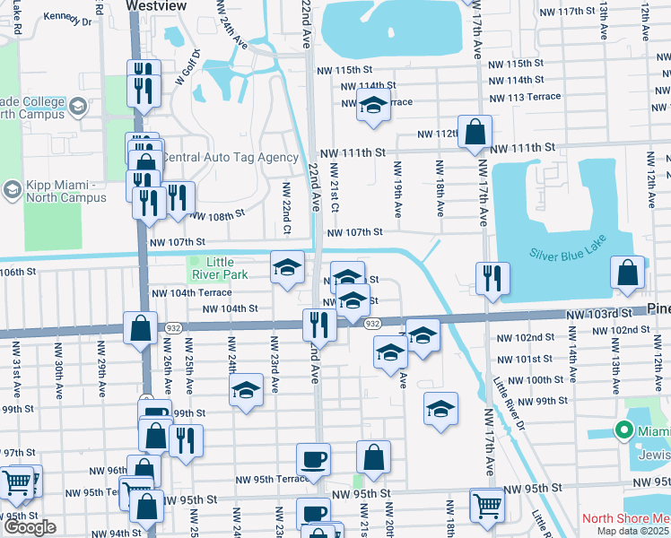 map of restaurants, bars, coffee shops, grocery stores, and more near 2155 Northwest 105th Street in Miami