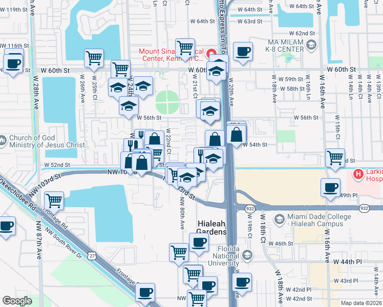 map of restaurants, bars, coffee shops, grocery stores, and more near 5290 West 53rd Street in Hialeah