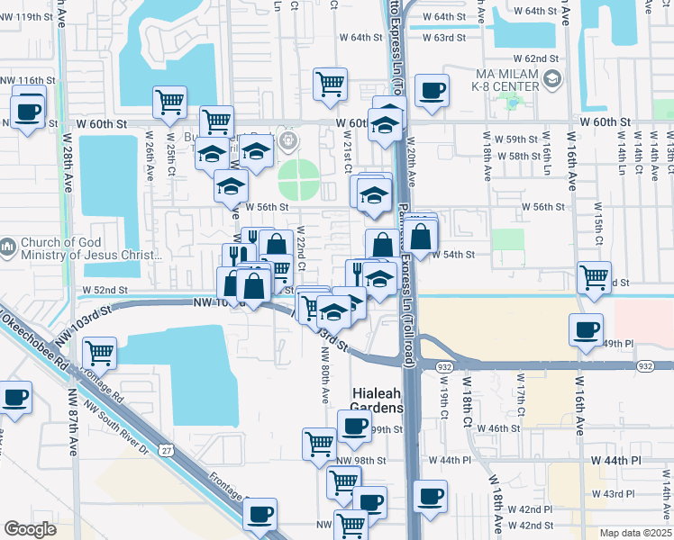 map of restaurants, bars, coffee shops, grocery stores, and more near 5290 West 53rd Street in Hialeah