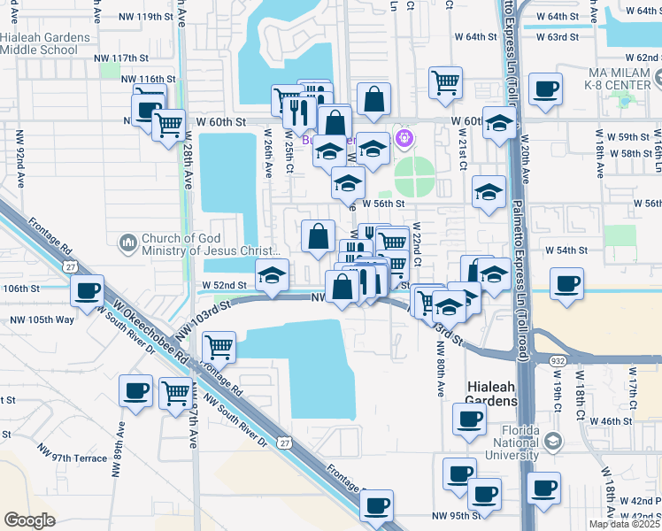 map of restaurants, bars, coffee shops, grocery stores, and more near 5211 West 24th Way in Hialeah