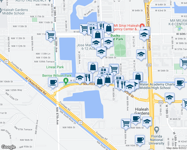 map of restaurants, bars, coffee shops, grocery stores, and more near 5211 West 24th Way in Hialeah