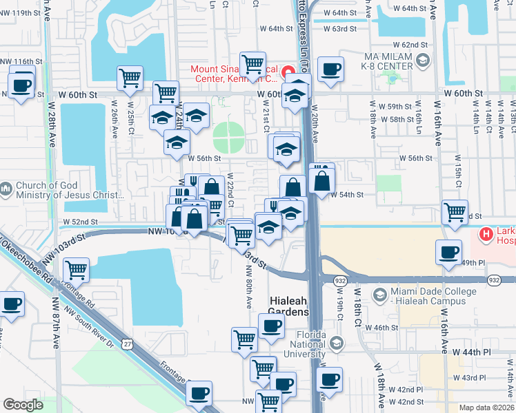 map of restaurants, bars, coffee shops, grocery stores, and more near 5300 West 21st Court in Hialeah