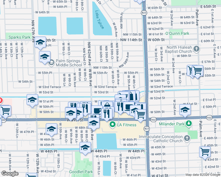 map of restaurants, bars, coffee shops, grocery stores, and more near 671 West 53rd Street in Hialeah