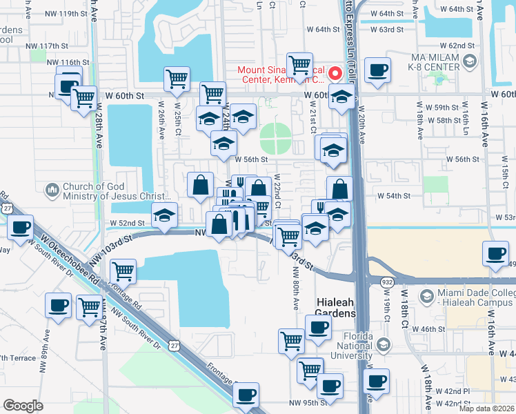 map of restaurants, bars, coffee shops, grocery stores, and more near 2311 West 52nd Street in Hialeah