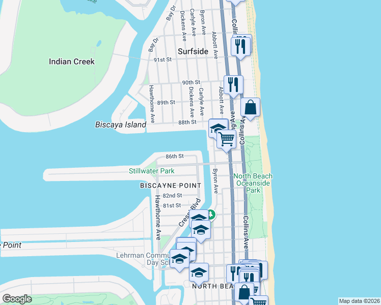 map of restaurants, bars, coffee shops, grocery stores, and more near 620 86th Street in Miami Beach