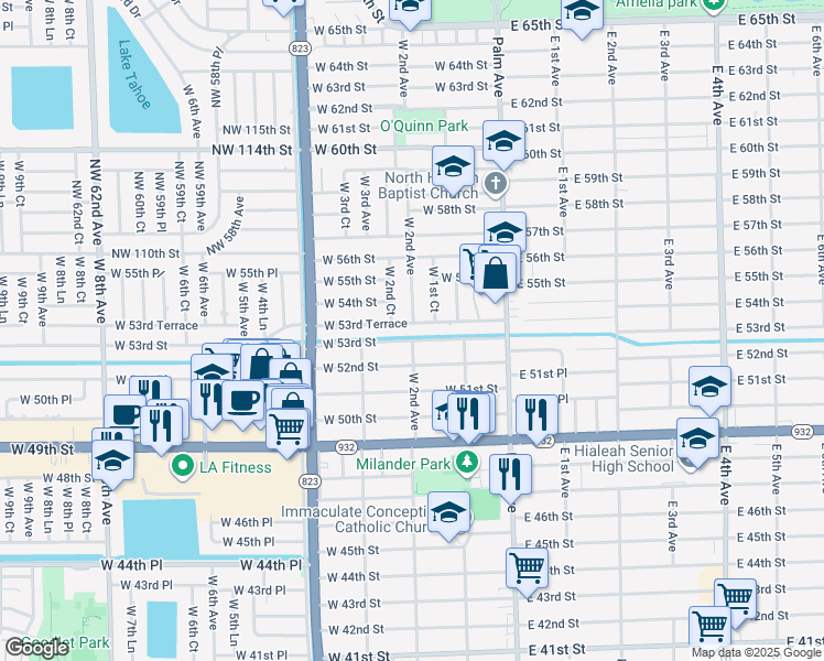 map of restaurants, bars, coffee shops, grocery stores, and more near 250 West 53rd Terrace in Hialeah