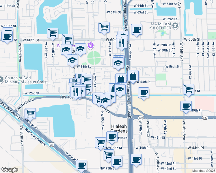 map of restaurants, bars, coffee shops, grocery stores, and more near 5290 West 53rd Street in Hialeah