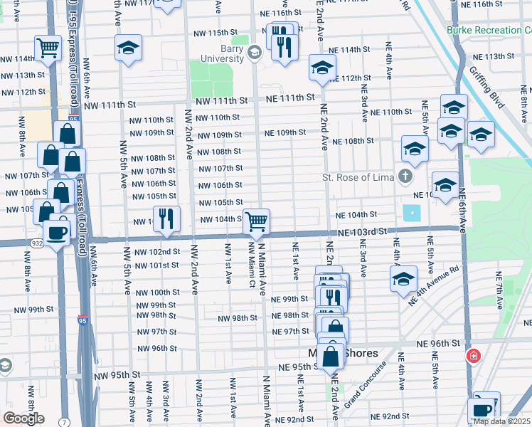 map of restaurants, bars, coffee shops, grocery stores, and more near 15 Northeast 104th Street in Miami Shores