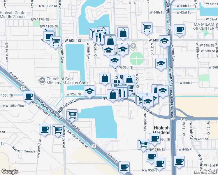 map of restaurants, bars, coffee shops, grocery stores, and more near 5211 West 24th Way in Hialeah