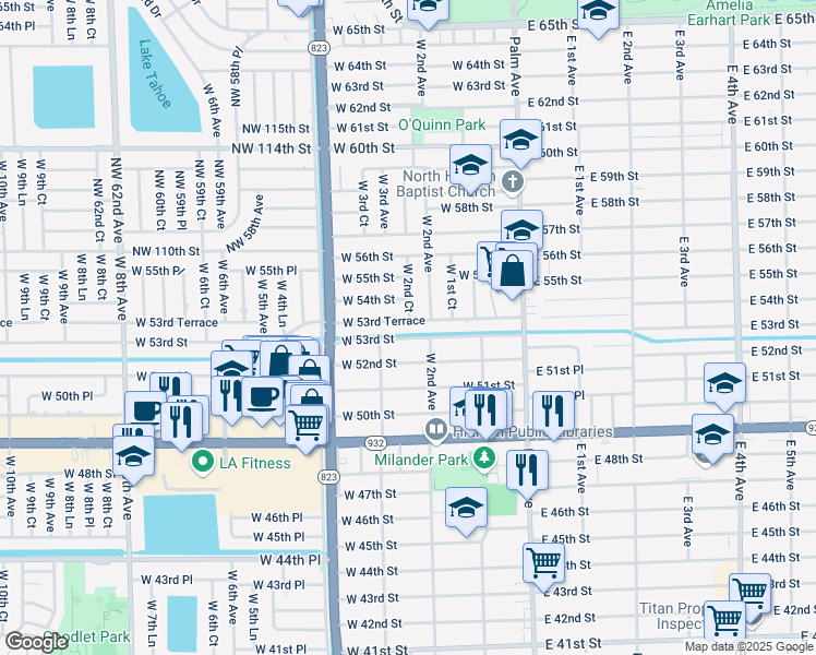 map of restaurants, bars, coffee shops, grocery stores, and more near 250 West 53rd Terrace in Hialeah