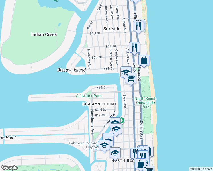 map of restaurants, bars, coffee shops, grocery stores, and more near 731 86th Street in Miami Beach