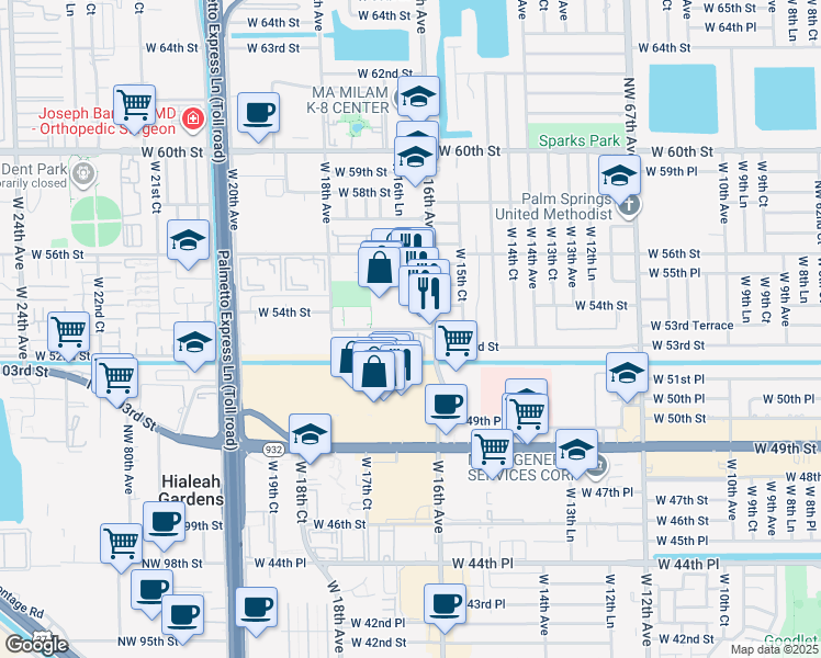 map of restaurants, bars, coffee shops, grocery stores, and more near 2000 West 53rd Terrace in Hialeah