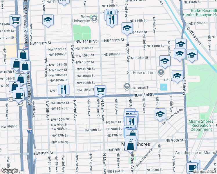 map of restaurants, bars, coffee shops, grocery stores, and more near 15 Northeast 104th Street in Miami Shores