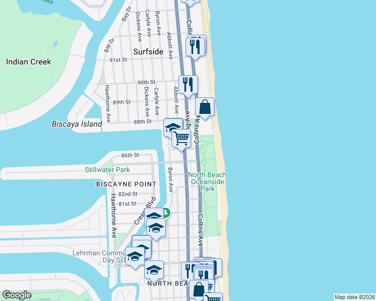 map of restaurants, bars, coffee shops, grocery stores, and more near in Miami Beach