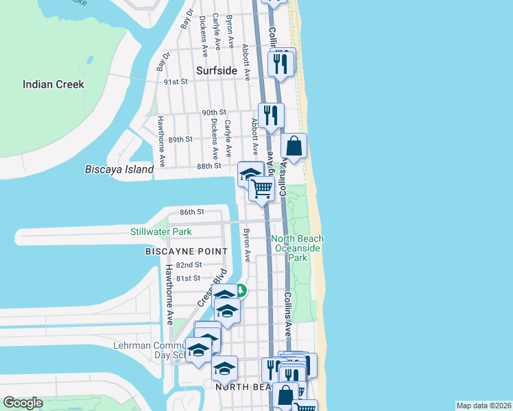 map of restaurants, bars, coffee shops, grocery stores, and more near in Miami Beach