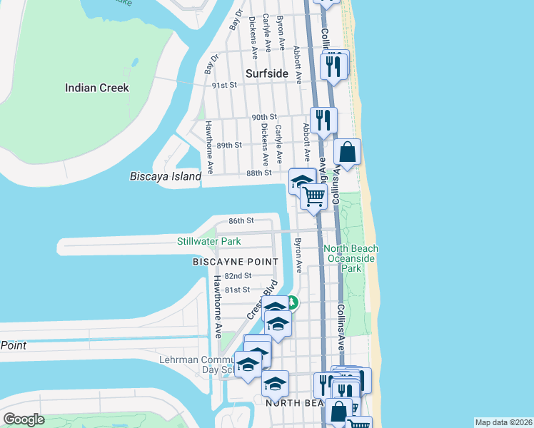 map of restaurants, bars, coffee shops, grocery stores, and more near 620 86th Street in Miami Beach