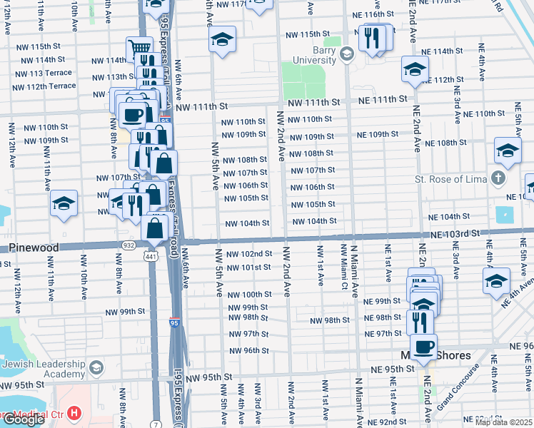 map of restaurants, bars, coffee shops, grocery stores, and more near 281 Northwest 104th Street in Miami
