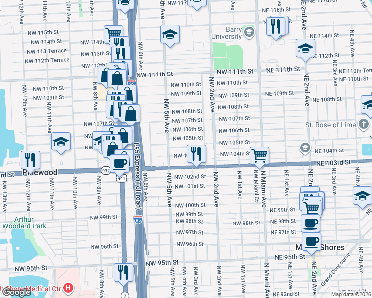 map of restaurants, bars, coffee shops, grocery stores, and more near 411 Northwest 104th Street in Miami