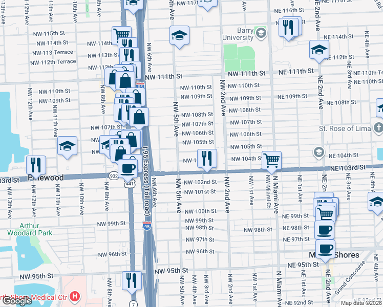 map of restaurants, bars, coffee shops, grocery stores, and more near 411 Northwest 104th Street in Miami