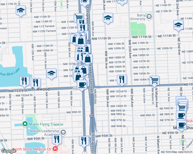 map of restaurants, bars, coffee shops, grocery stores, and more near 10408 Northwest 6th Avenue in Miami