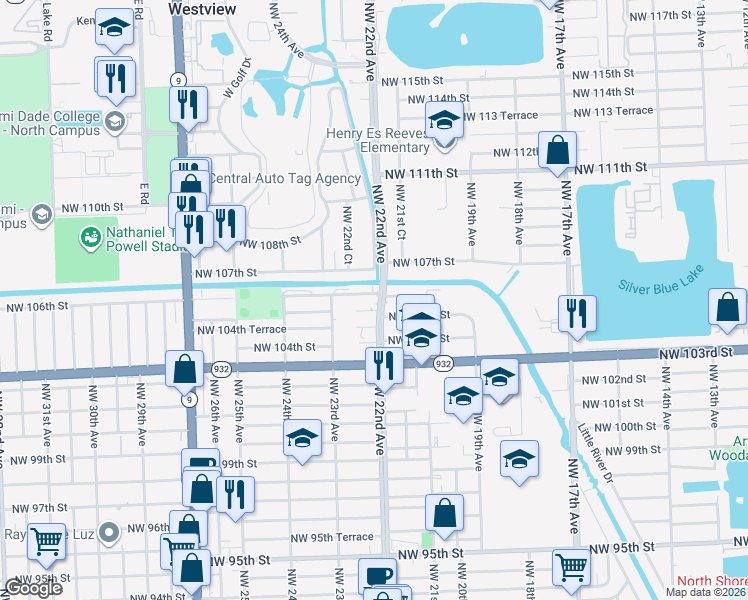 map of restaurants, bars, coffee shops, grocery stores, and more near 2225 Northwest 105th Street in Miami