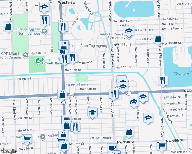 map of restaurants, bars, coffee shops, grocery stores, and more near 2301 Northwest 105th Street in Miami