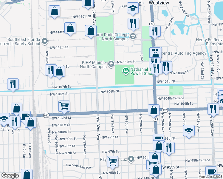 map of restaurants, bars, coffee shops, grocery stores, and more near 3060 Northwest 106th Street in Miami