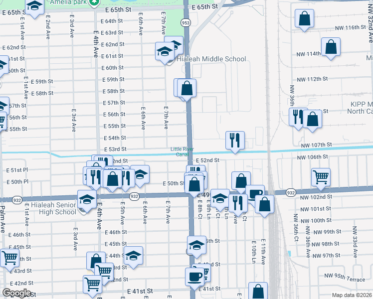 map of restaurants, bars, coffee shops, grocery stores, and more near 811 East 52nd Street in Hialeah