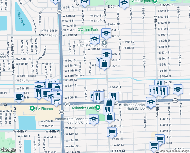 map of restaurants, bars, coffee shops, grocery stores, and more near 90 West 53rd Street in Hialeah