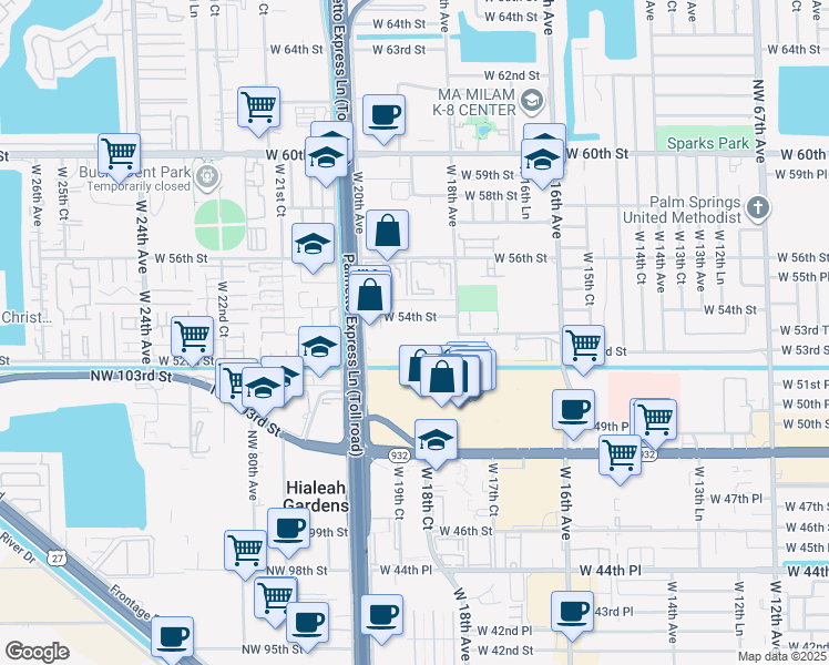 map of restaurants, bars, coffee shops, grocery stores, and more near 5301 West 20th Avenue in Hialeah