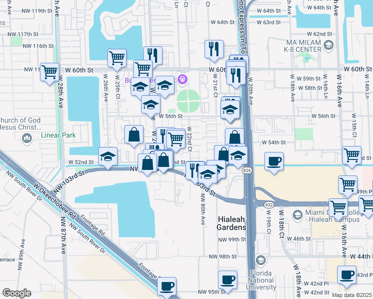 map of restaurants, bars, coffee shops, grocery stores, and more near 5299 West 22nd Court in Hialeah