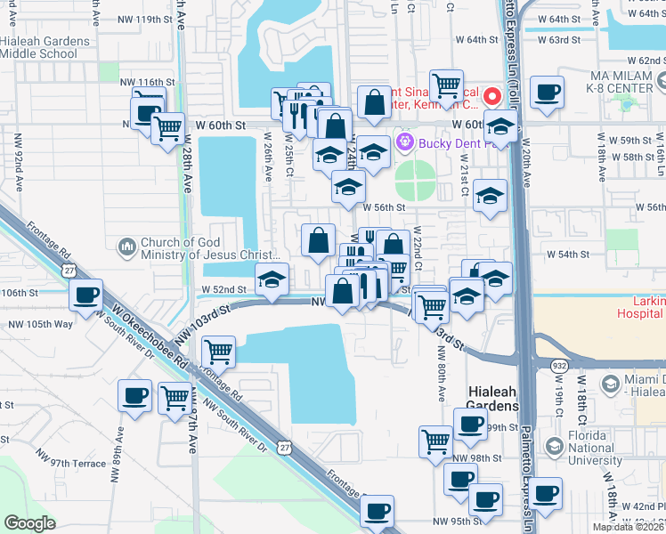 map of restaurants, bars, coffee shops, grocery stores, and more near 5211 West 24th Way in Hialeah
