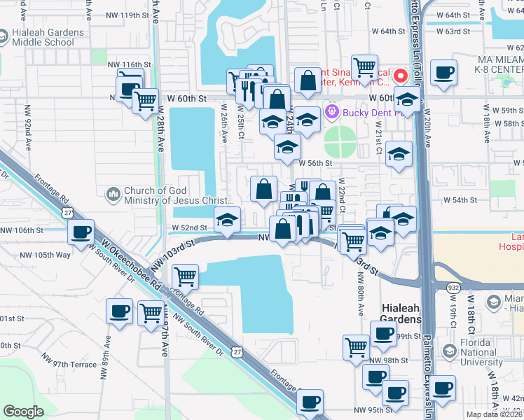 map of restaurants, bars, coffee shops, grocery stores, and more near 5211 West 24th Way in Hialeah