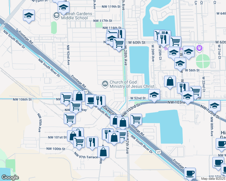 map of restaurants, bars, coffee shops, grocery stores, and more near 8724-8842 Northwest 107th Street in Hialeah Gardens