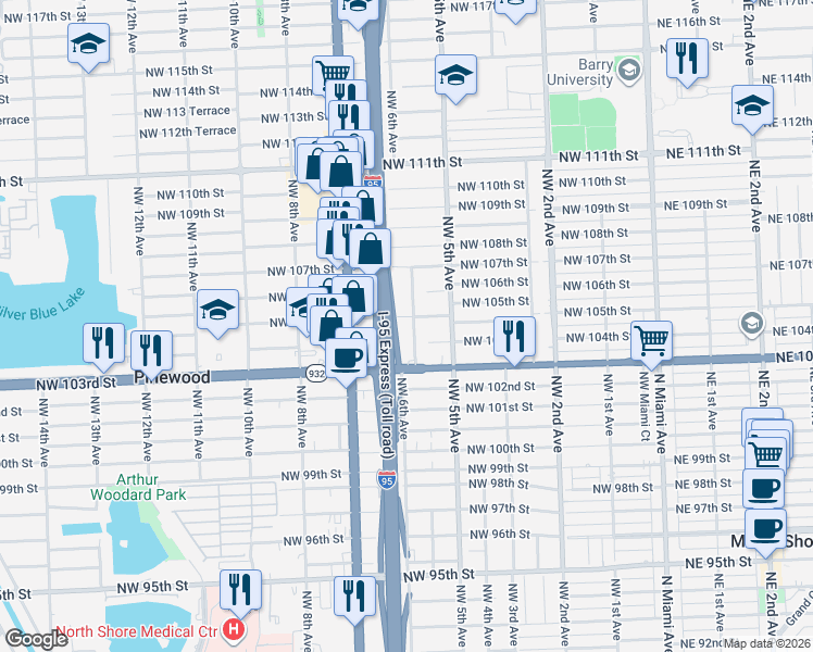 map of restaurants, bars, coffee shops, grocery stores, and more near 10408 Northwest 6th Avenue in Miami