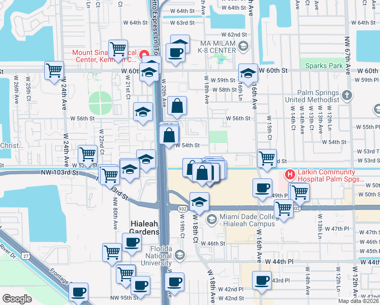 map of restaurants, bars, coffee shops, grocery stores, and more near 5301 West 20th Avenue in Hialeah