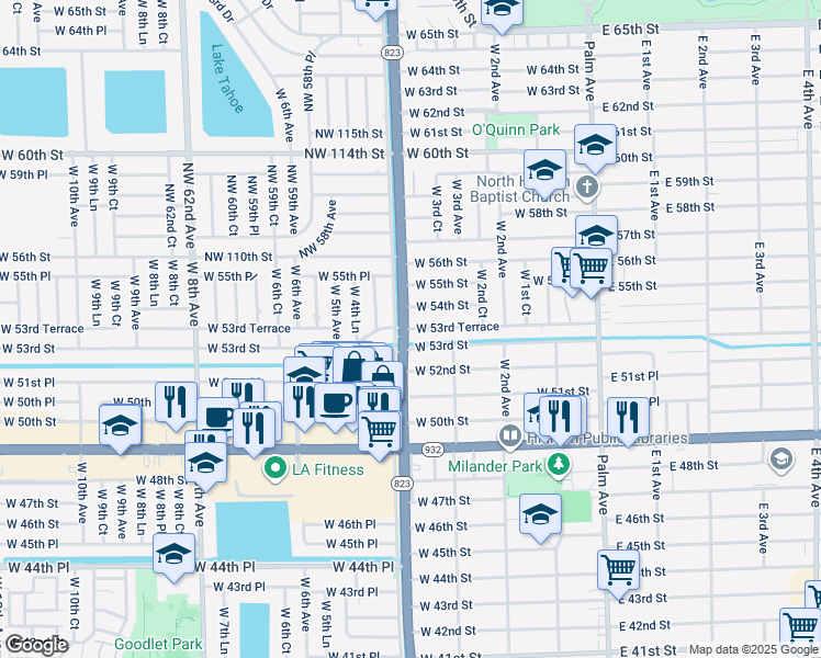 map of restaurants, bars, coffee shops, grocery stores, and more near 390 West 53rd Terrace in Hialeah