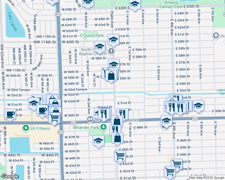 map of restaurants, bars, coffee shops, grocery stores, and more near 1 East 52nd Place in Hialeah
