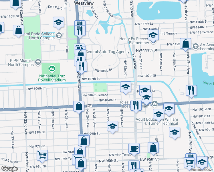 map of restaurants, bars, coffee shops, grocery stores, and more near 2399 Northwest 105th Street in Miami