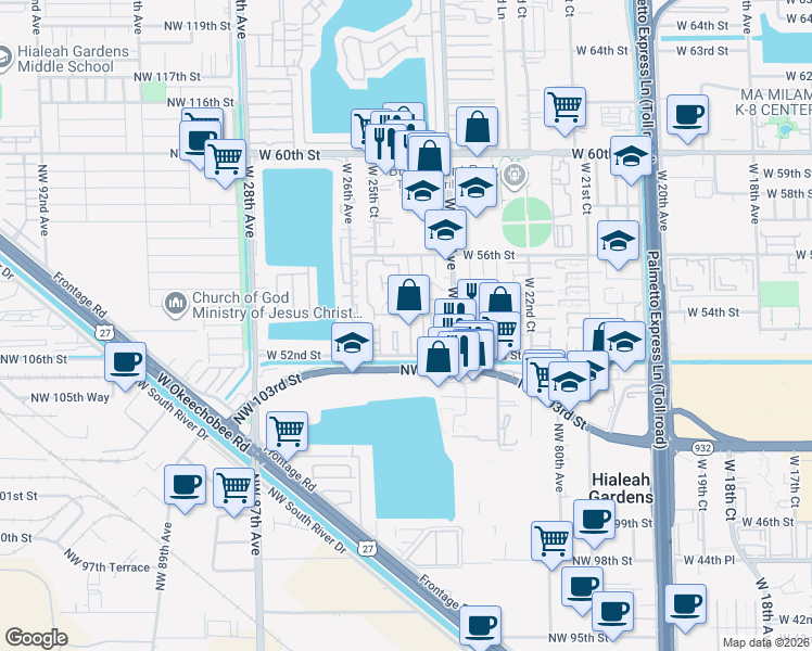 map of restaurants, bars, coffee shops, grocery stores, and more near 5211 West 24th Way in Hialeah