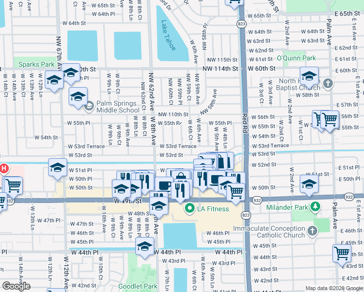 map of restaurants, bars, coffee shops, grocery stores, and more near 5352 West 6th Lane in Hialeah