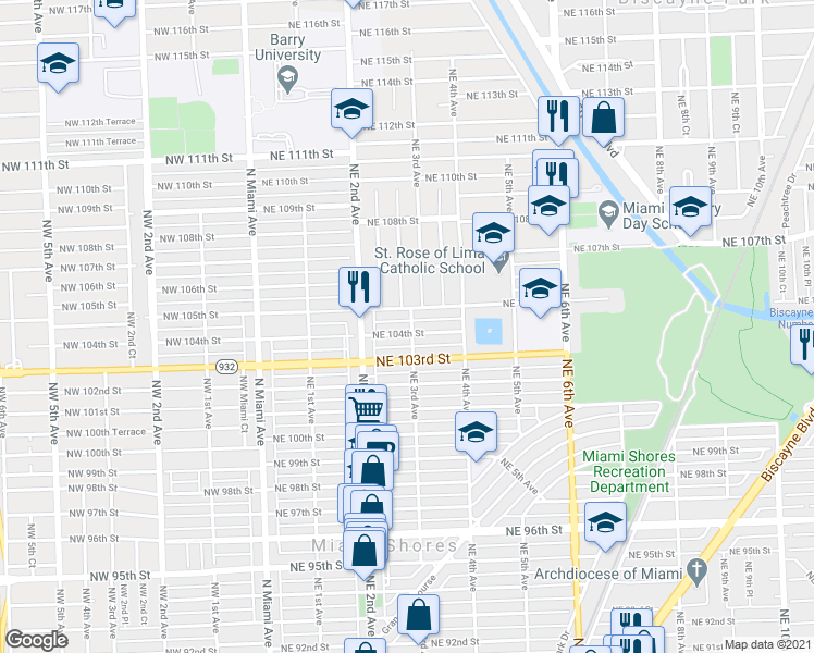map of restaurants, bars, coffee shops, grocery stores, and more near 295 Northeast 104th Street in Miami